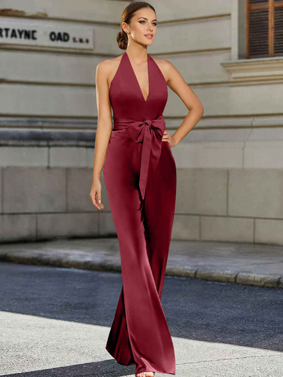 2 Piece V-Neck Sleeveless Floor Length Mother of the Bride Pantsuits with Bow Belt - Image 5