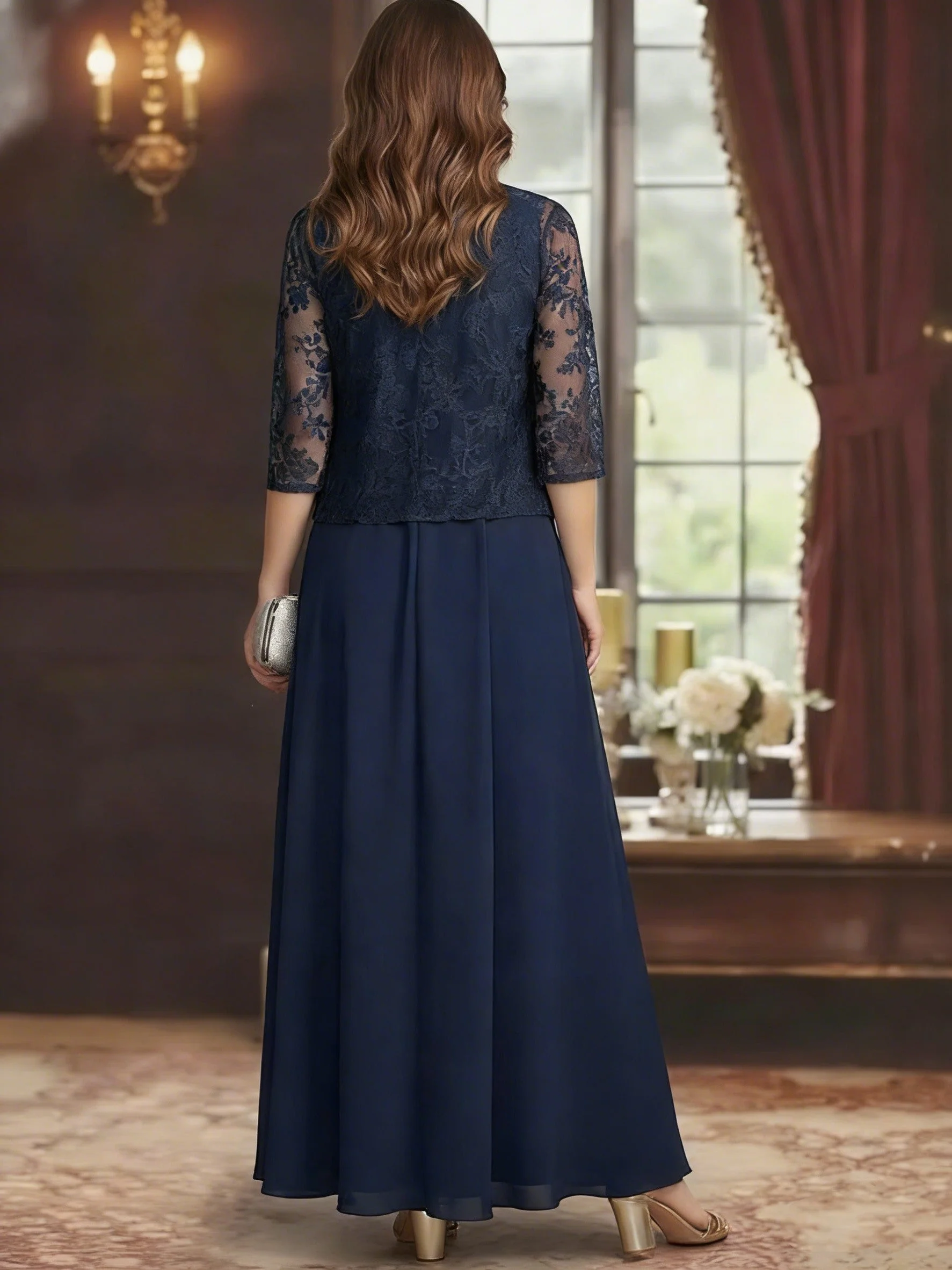 2 Piece A-Line/Princess V-Neck Chiffon Mother of the Bride Dresses with Jacket Lace Ankle-Length Long Sleeves - Image 2