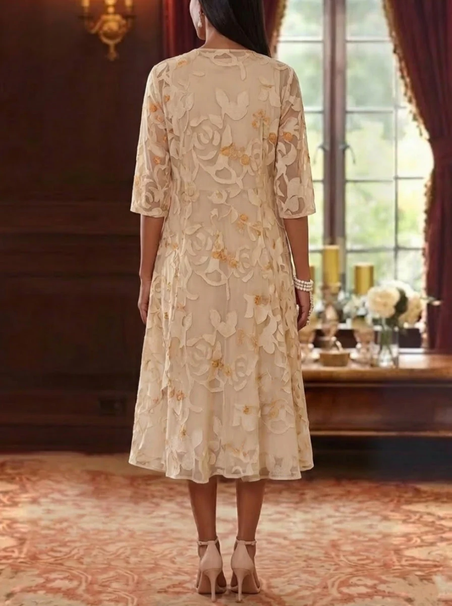 2 Pieces A-Line/Princess Scoop Chiffon Lace Mother of the Bride Dresses with Jacket Floral Tea-Length 3/4 Sleeves Ruffles - Image 2
