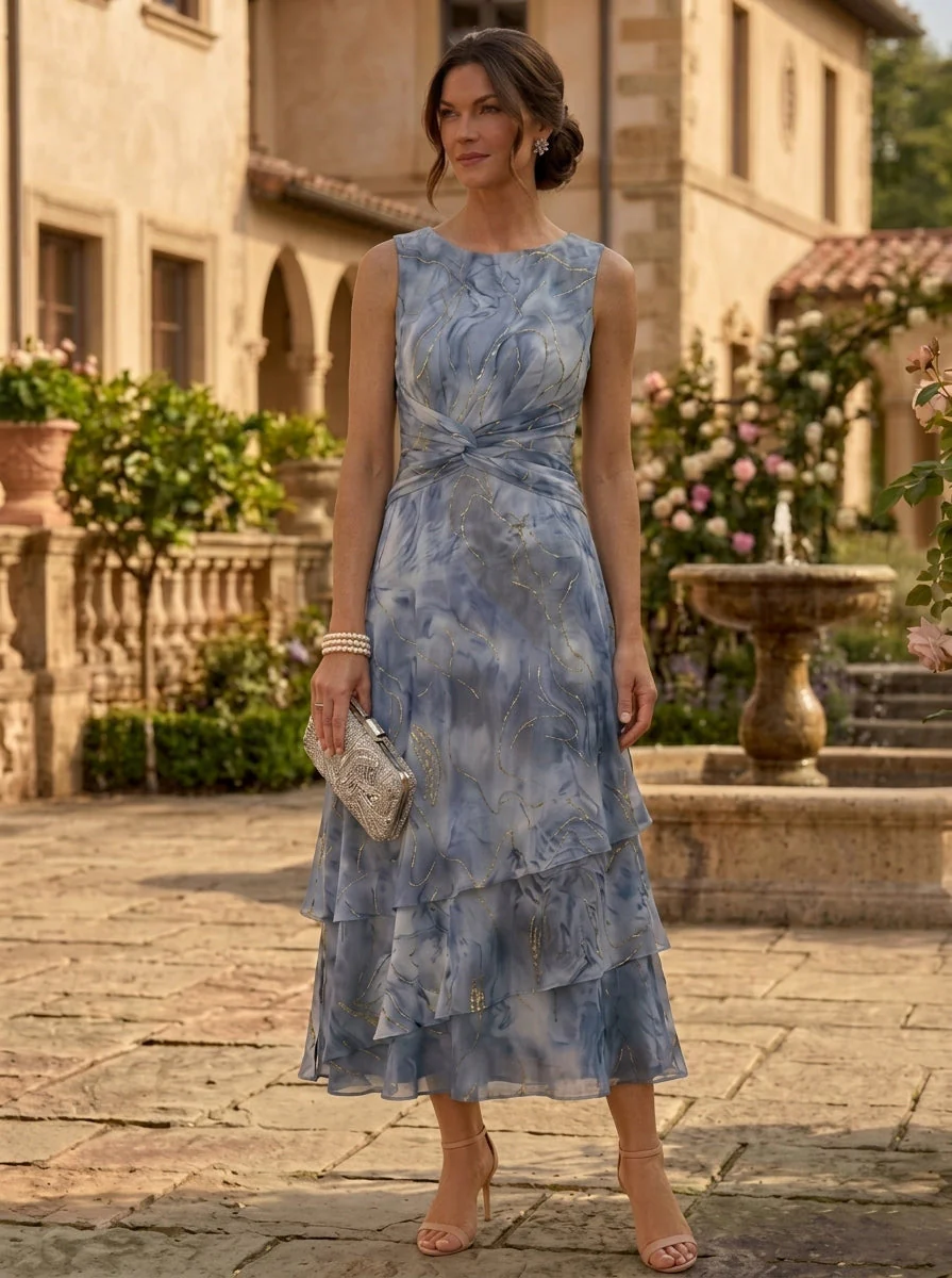 2 Pieces A-Line/Princess Scoop Chiffon Mother of the Bride Dresses with Jacket Floral 3/4 Sleeves Tea-Length - Image 3