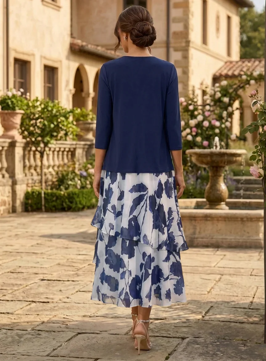 2 Pieces A-Line/Princess Scoop Chiffon Mother of the Bride Dresses with Jacket Floral 3/4 Sleeves Tea-Length Ruched Ruffles - Image 2