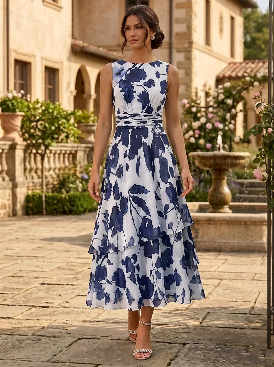 2 Pieces A-Line/Princess Scoop Chiffon Mother of the Bride Dresses with Jacket Floral 3/4 Sleeves Tea-Length Ruched Ruffles - Image 3