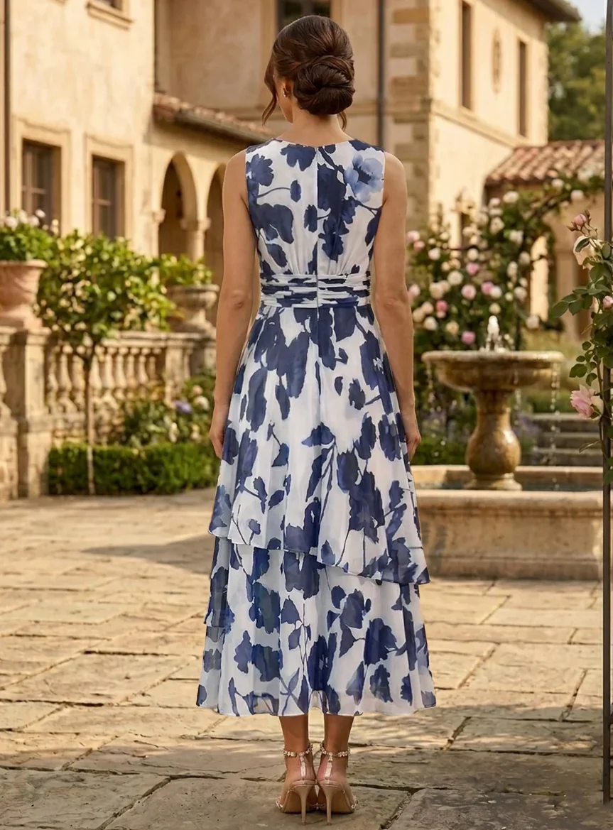 2 Pieces A-Line/Princess Scoop Chiffon Mother of the Bride Dresses with Jacket Floral 3/4 Sleeves Tea-Length Ruched Ruffles - Image 4