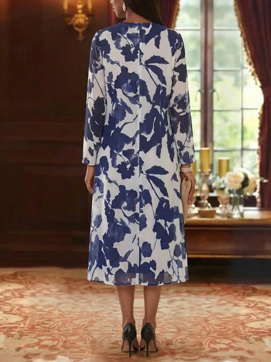 2 Pieces A-Line/Princess Scoop Chiffon Mother of the Bride Dresses with Jacket Floral Long Sleeves Tea-Length - Image 2
