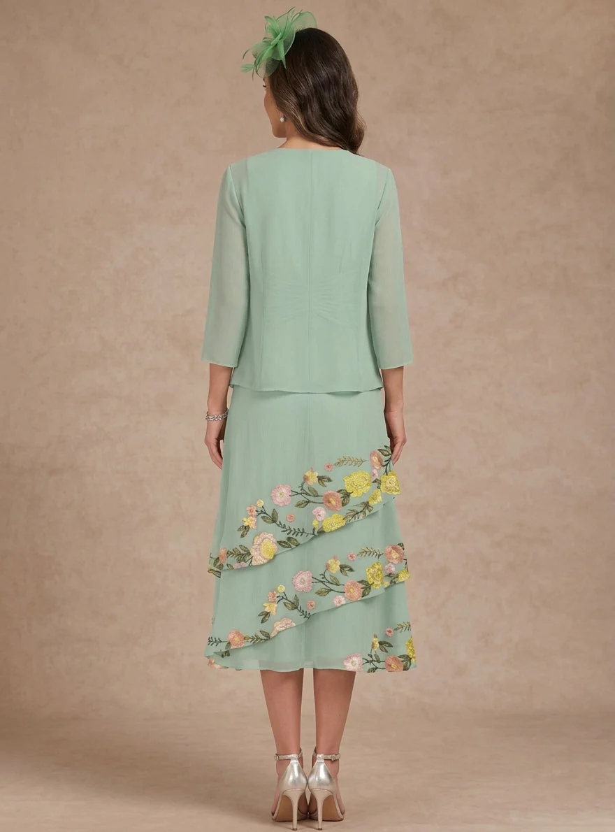 2 Pieces A-Line/Princess Scoop Chiffon Mother of the Bride Dresses with Jacket Tea-Length 3/4 Sleeves Floral - Image 2