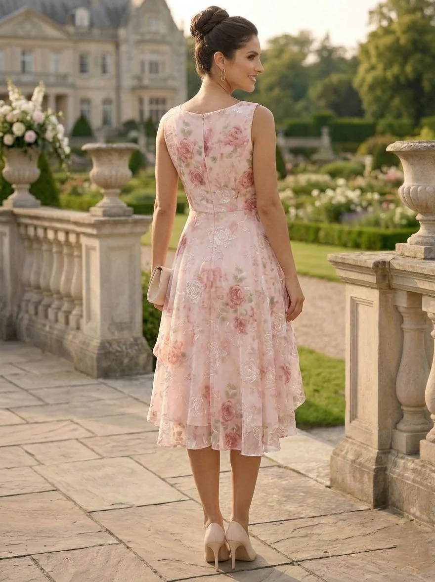 2 Pieces A-Line/Princess Scoop Chiffon Mother of the Bride Dresses with Wrap Floral Half Sleeves Tea-Length - Image 4