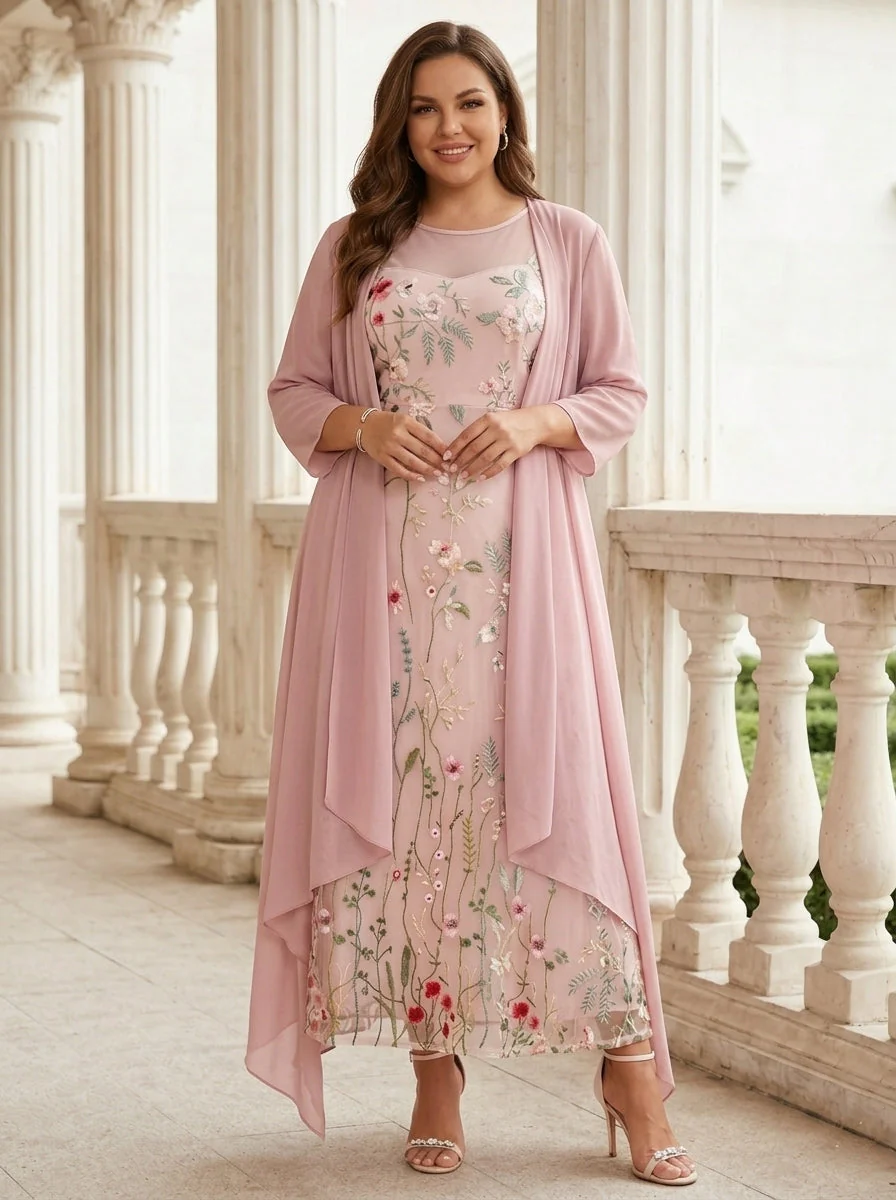 2 Pieces A-Line/Princess Scoop Chiffon Plus Size Mother of the Bride Dresses with Jacket Long Sleeves Ankle-Length Lace Floral - Image 5