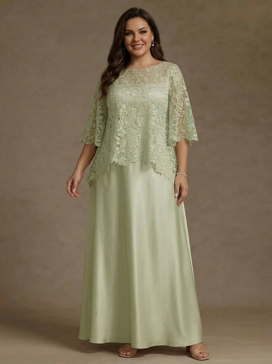 2 Pieces A-Line/Princess Silk Satin Scoop Plus Size Mother ofthe Bride Dresses Lace Floor Length Short Sleeves - Image 5