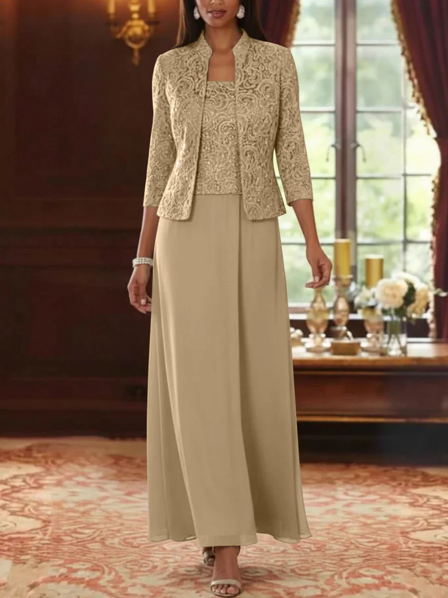 2 Pieces A-Line/Princess Square Collar Chiffon Mother of the Bride Dresses with Jacket Lace Ankle-Length 3/4 Sleeves - Image 10