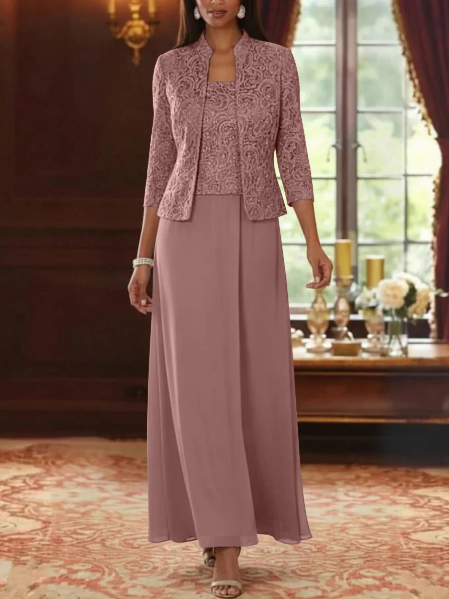 2 Pieces A-Line/Princess Square Collar Chiffon Mother of the Bride Dresses with Jacket Lace Ankle-Length 3/4 Sleeves - Image 11