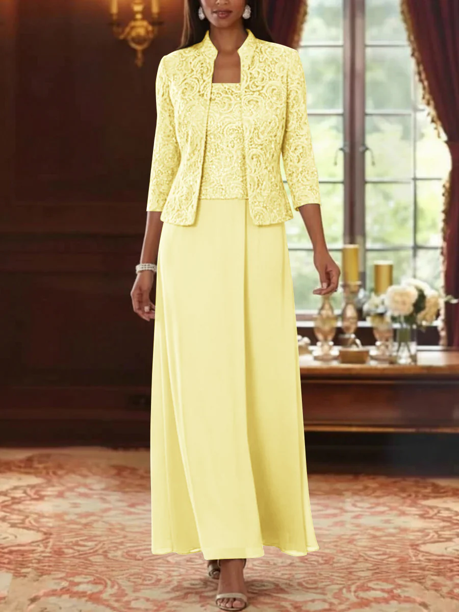 2 Pieces A-Line/Princess Square Collar Chiffon Mother of the Bride Dresses with Jacket Lace Ankle-Length 3/4 Sleeves - Image 12