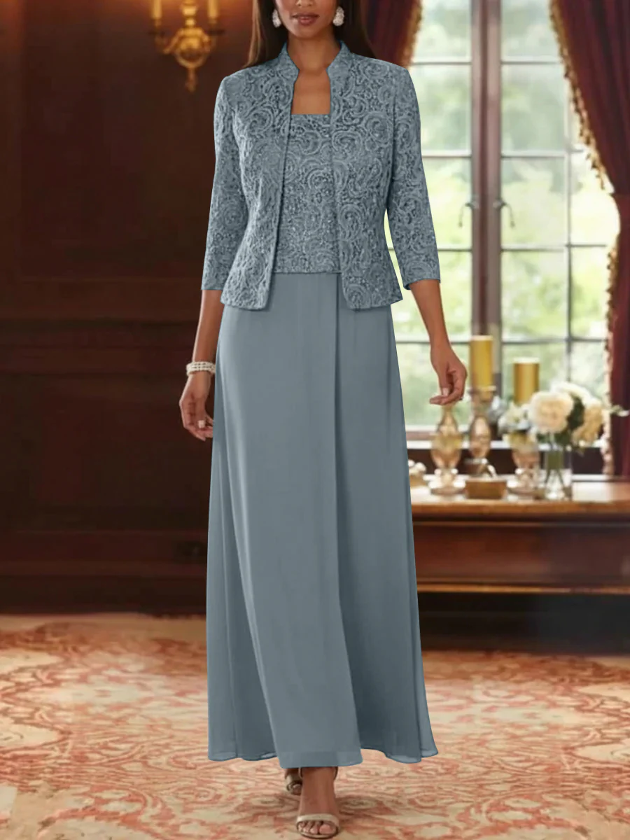 2 Pieces A-Line/Princess Square Collar Chiffon Mother of the Bride Dresses with Jacket Lace Ankle-Length 3/4 Sleeves - Image 13