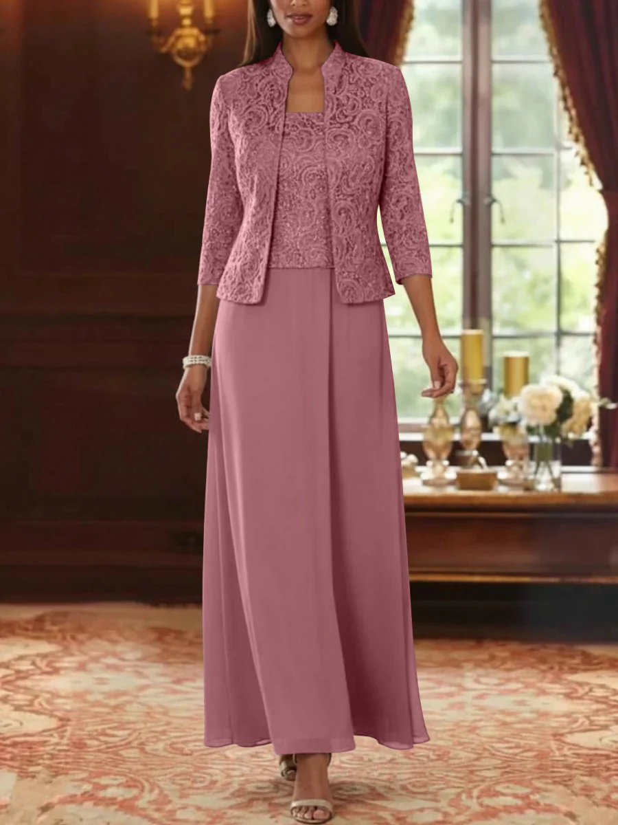 2 Pieces A-Line/Princess Square Collar Chiffon Mother of the Bride Dresses with Jacket Lace Ankle-Length 3/4 Sleeves - Image 14