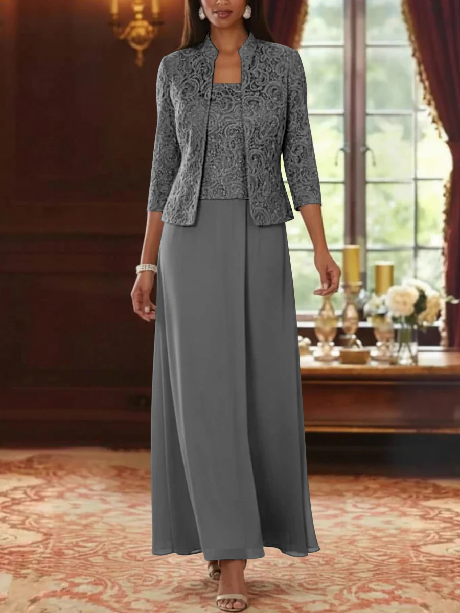 2 Pieces A-Line/Princess Square Collar Chiffon Mother of the Bride Dresses with Jacket Lace Ankle-Length 3/4 Sleeves - Image 15