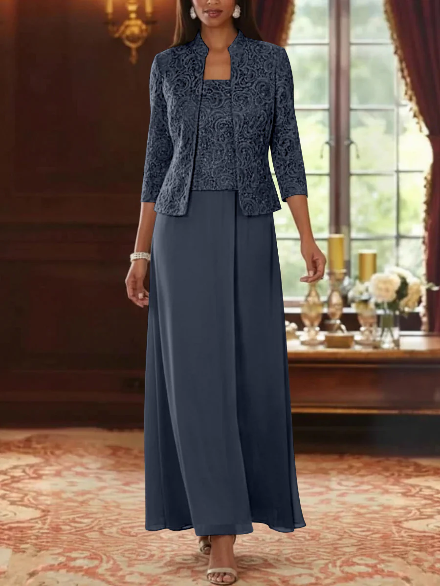 2 Pieces A-Line/Princess Square Collar Chiffon Mother of the Bride Dresses with Jacket Lace Ankle-Length 3/4 Sleeves - Image 16