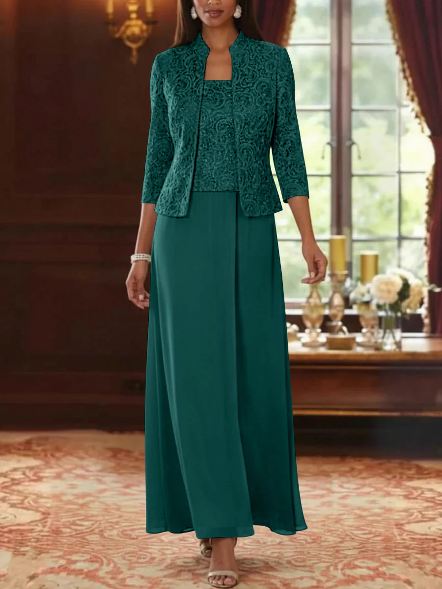 2 Pieces A-Line/Princess Square Collar Chiffon Mother of the Bride Dresses with Jacket Lace Ankle-Length 3/4 Sleeves - Image 18