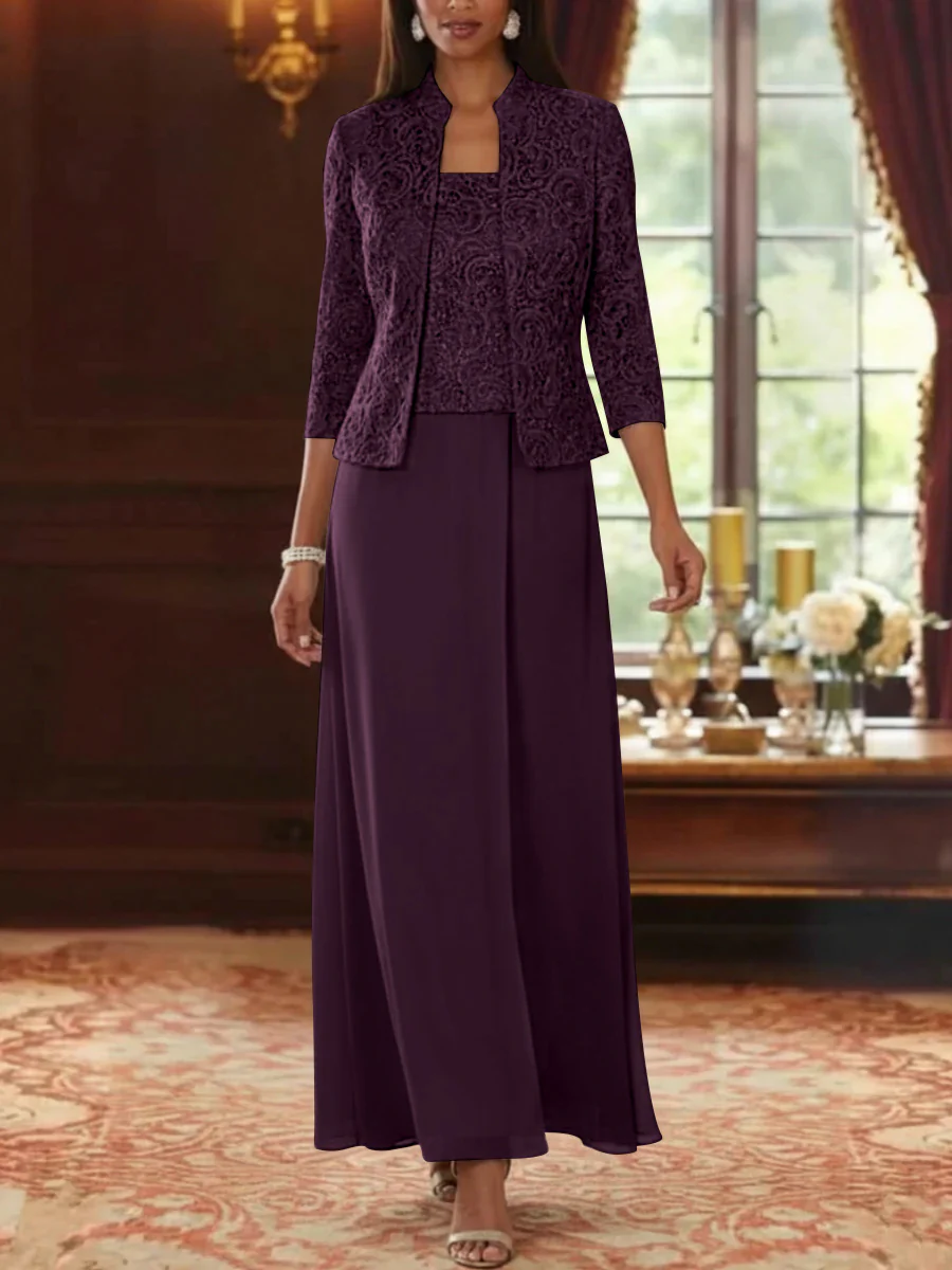 2 Pieces A-Line/Princess Square Collar Chiffon Mother of the Bride Dresses with Jacket Lace Ankle-Length 3/4 Sleeves - Image 19