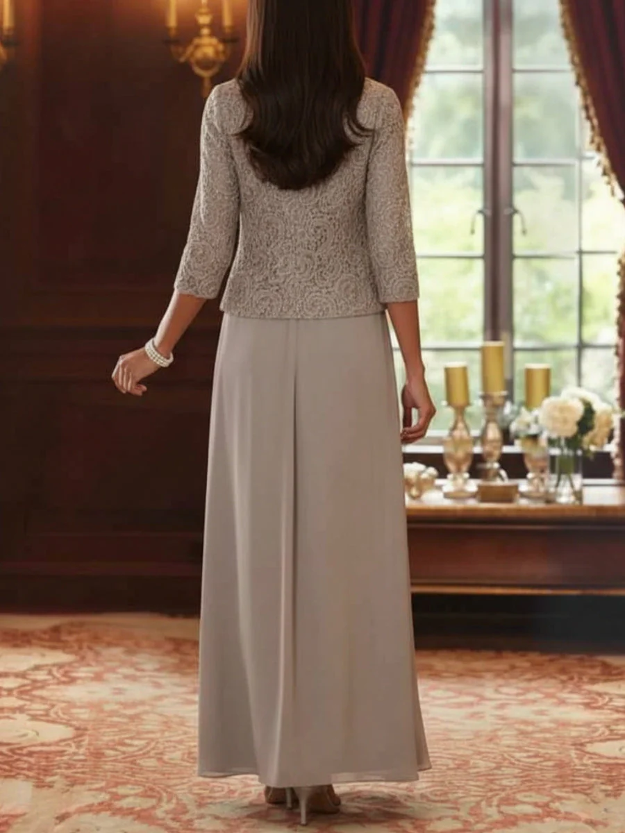 2 Pieces A-Line/Princess Square Collar Chiffon Mother of the Bride Dresses with Jacket Lace Ankle-Length 3/4 Sleeves - Image 2