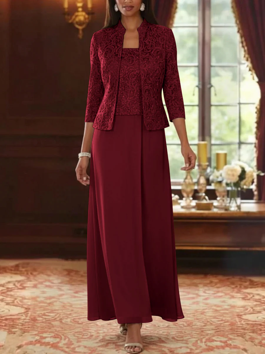 2 Pieces A-Line/Princess Square Collar Chiffon Mother of the Bride Dresses with Jacket Lace Ankle-Length 3/4 Sleeves - Image 21