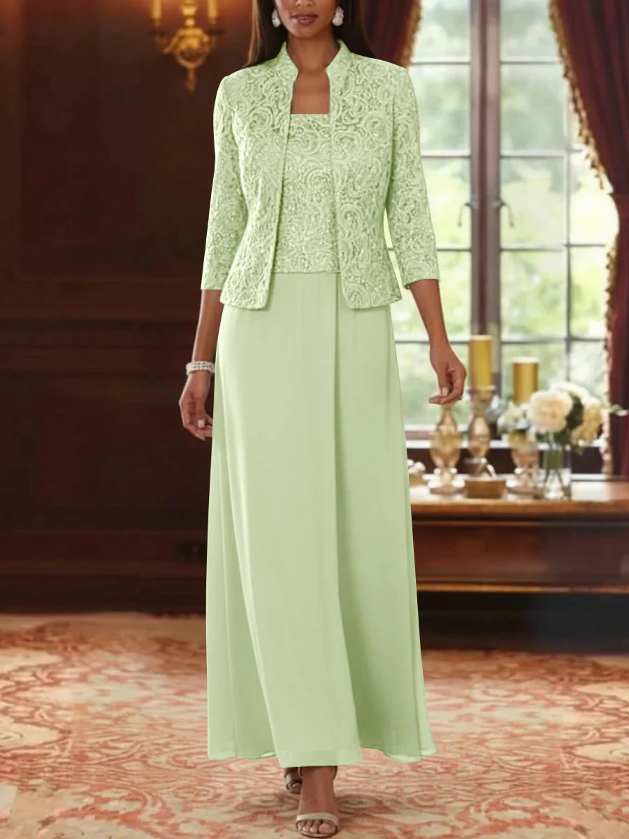 2 Pieces A-Line/Princess Square Collar Chiffon Mother of the Bride Dresses with Jacket Lace Ankle-Length 3/4 Sleeves - Image 23
