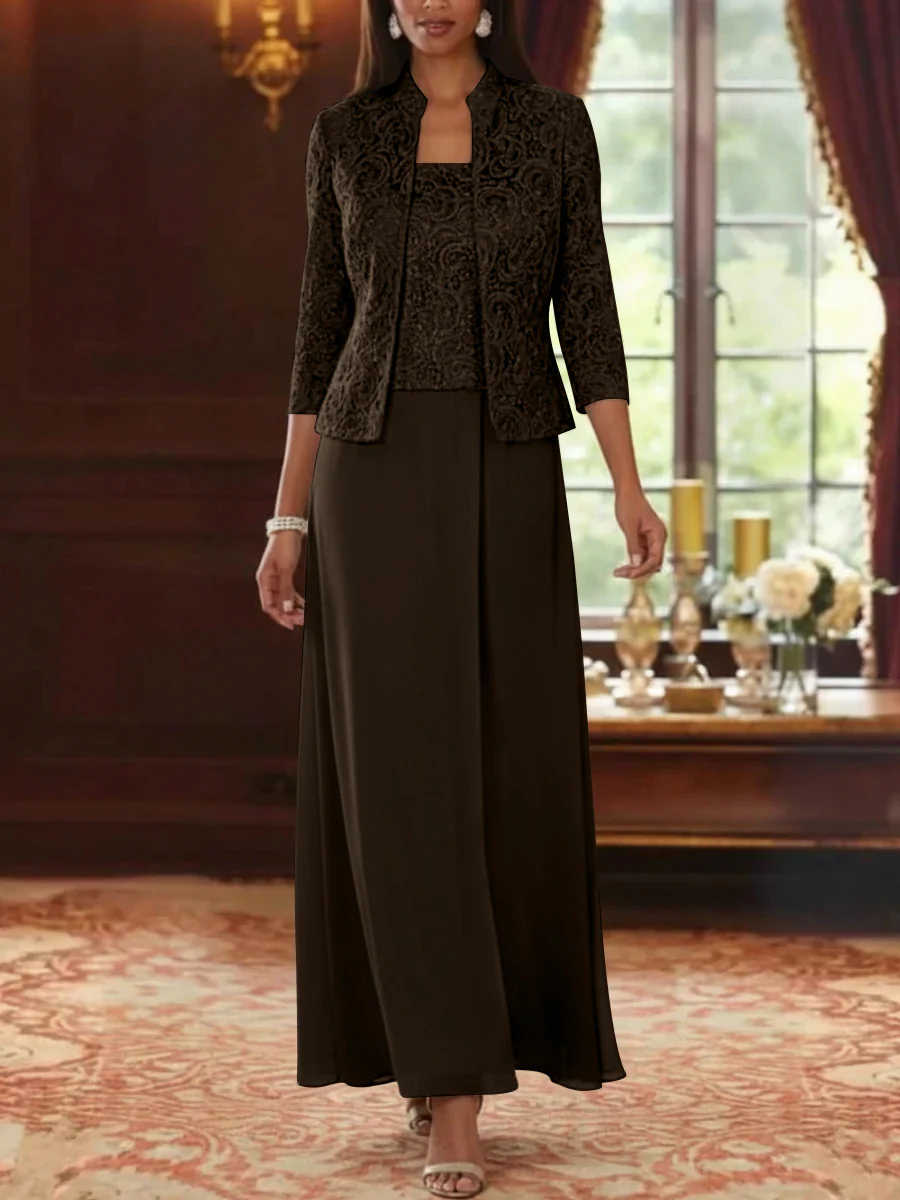 2 Pieces A-Line/Princess Square Collar Chiffon Mother of the Bride Dresses with Jacket Lace Ankle-Length 3/4 Sleeves - Image 24
