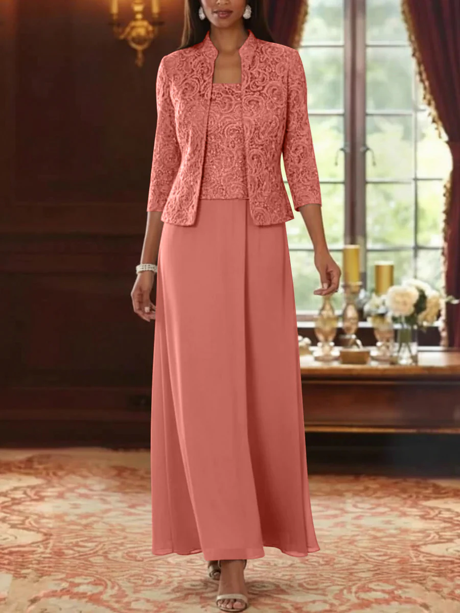 2 Pieces A-Line/Princess Square Collar Chiffon Mother of the Bride Dresses with Jacket Lace Ankle-Length 3/4 Sleeves - Image 25