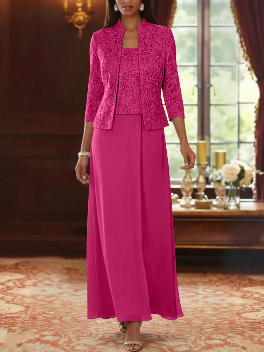 2 Pieces A-Line/Princess Square Collar Chiffon Mother of the Bride Dresses with Jacket Lace Ankle-Length 3/4 Sleeves - Image 27