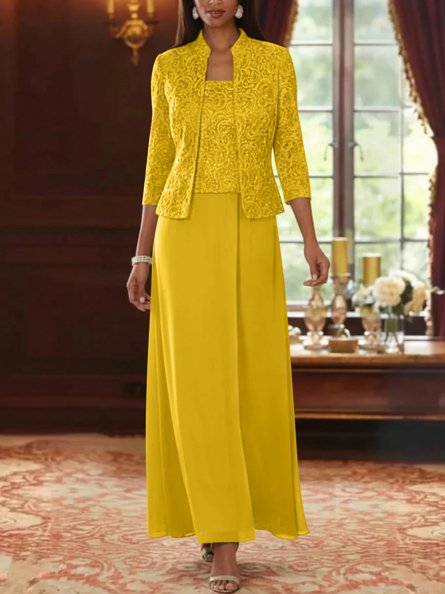 2 Pieces A-Line/Princess Square Collar Chiffon Mother of the Bride Dresses with Jacket Lace Ankle-Length 3/4 Sleeves - Image 28