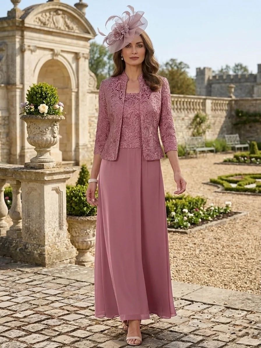 2 Pieces A-Line/Princess Square Collar Chiffon Mother of the Bride Dresses with Jacket Lace Ankle-Length 3/4 Sleeves - Image 3