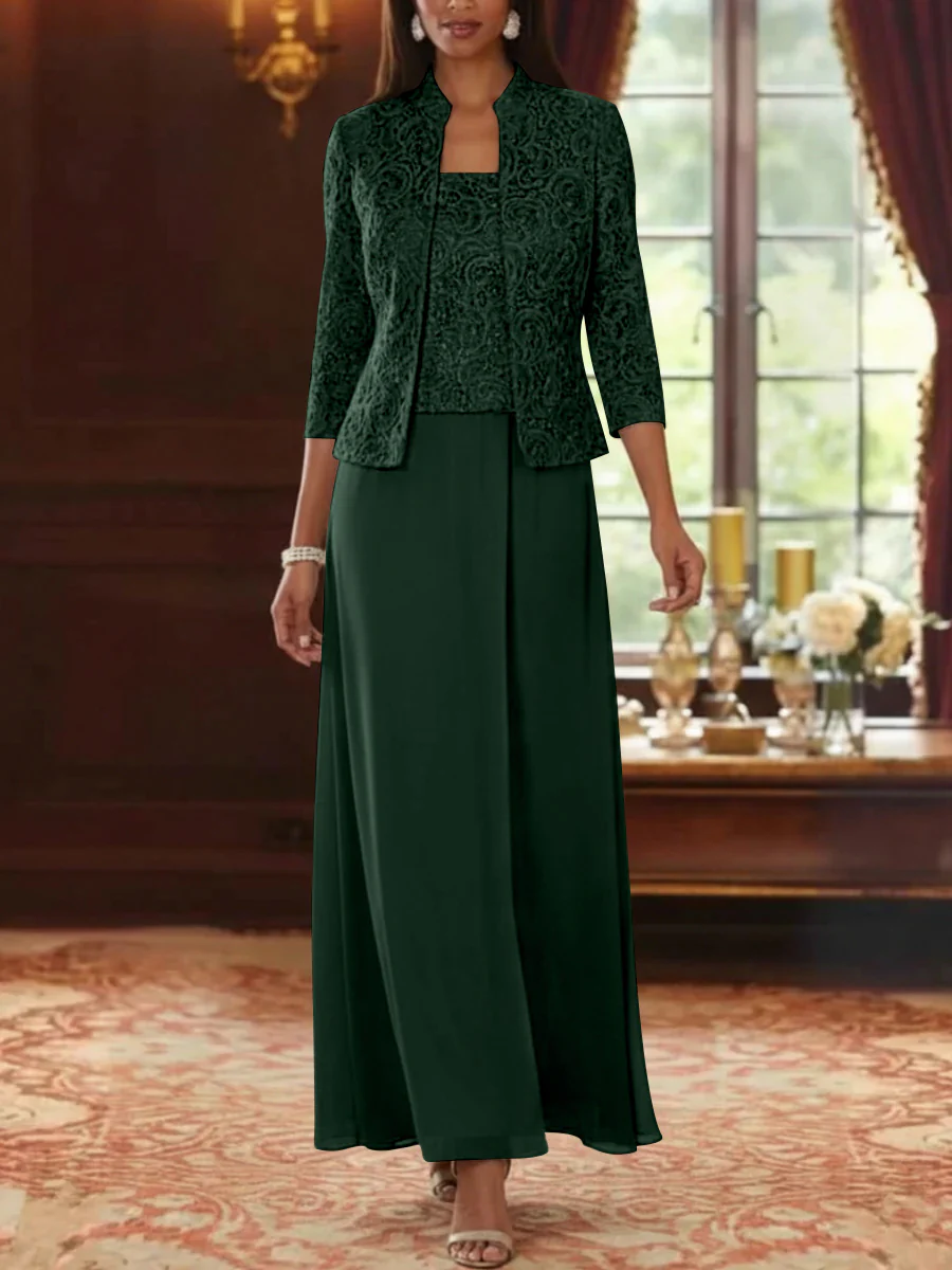 2 Pieces A-Line/Princess Square Collar Chiffon Mother of the Bride Dresses with Jacket Lace Ankle-Length 3/4 Sleeves - Image 30