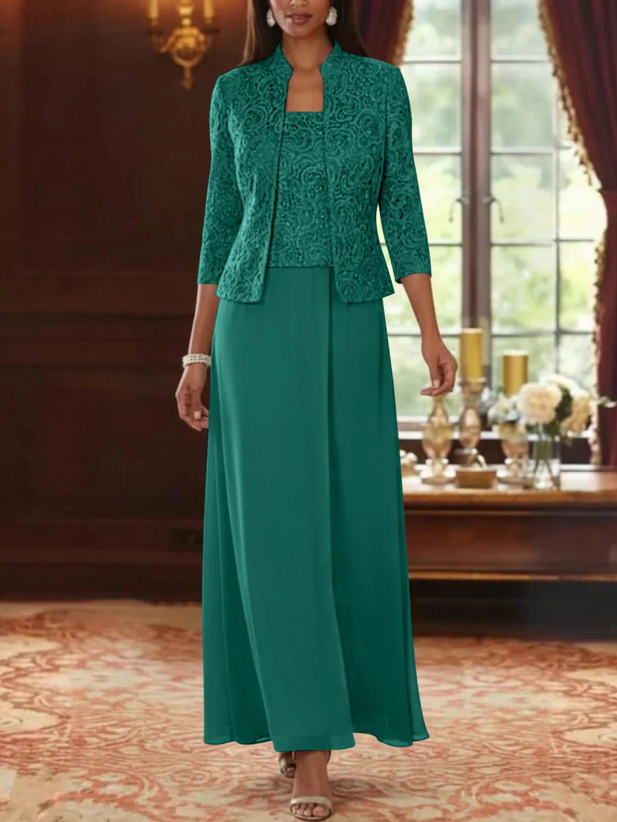 2 Pieces A-Line/Princess Square Collar Chiffon Mother of the Bride Dresses with Jacket Lace Ankle-Length 3/4 Sleeves - Image 32