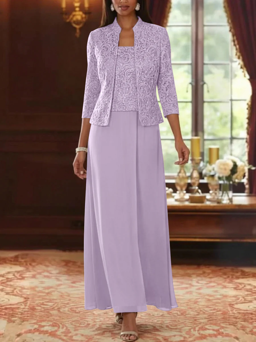 2 Pieces A-Line/Princess Square Collar Chiffon Mother of the Bride Dresses with Jacket Lace Ankle-Length 3/4 Sleeves - Image 33