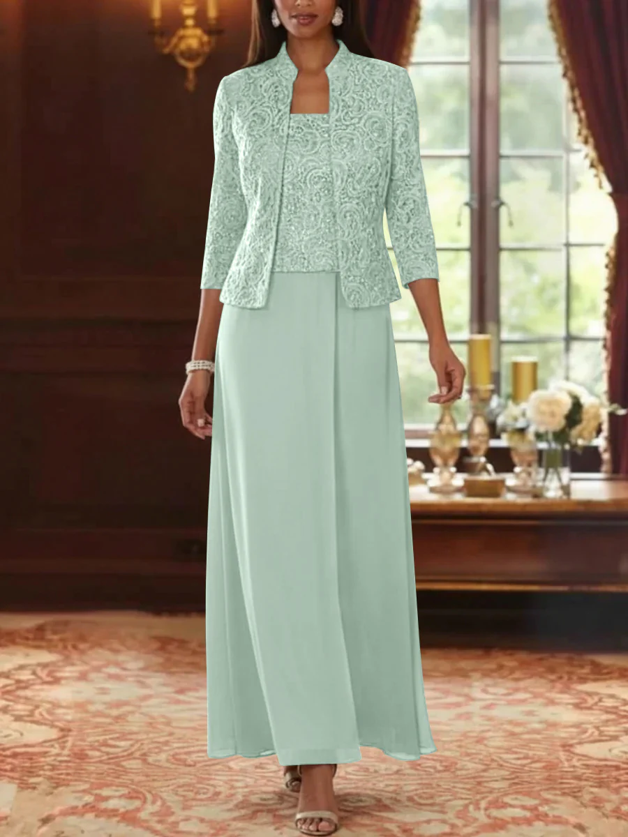 2 Pieces A-Line/Princess Square Collar Chiffon Mother of the Bride Dresses with Jacket Lace Ankle-Length 3/4 Sleeves - Image 34