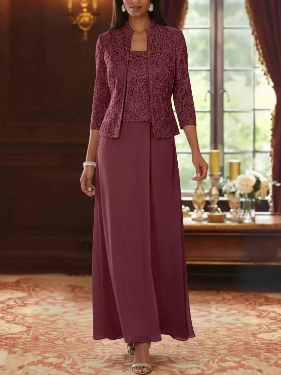 2 Pieces A-Line/Princess Square Collar Chiffon Mother of the Bride Dresses with Jacket Lace Ankle-Length 3/4 Sleeves - Image 35