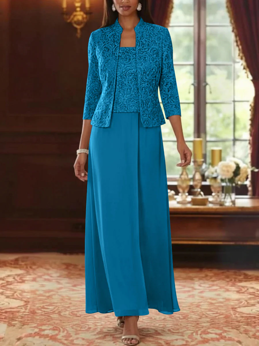 2 Pieces A-Line/Princess Square Collar Chiffon Mother of the Bride Dresses with Jacket Lace Ankle-Length 3/4 Sleeves - Image 36