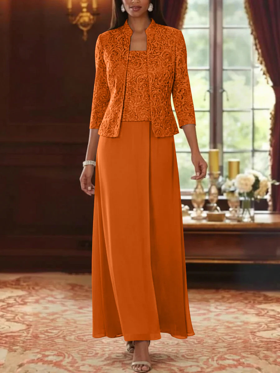 2 Pieces A-Line/Princess Square Collar Chiffon Mother of the Bride Dresses with Jacket Lace Ankle-Length 3/4 Sleeves - Image 37