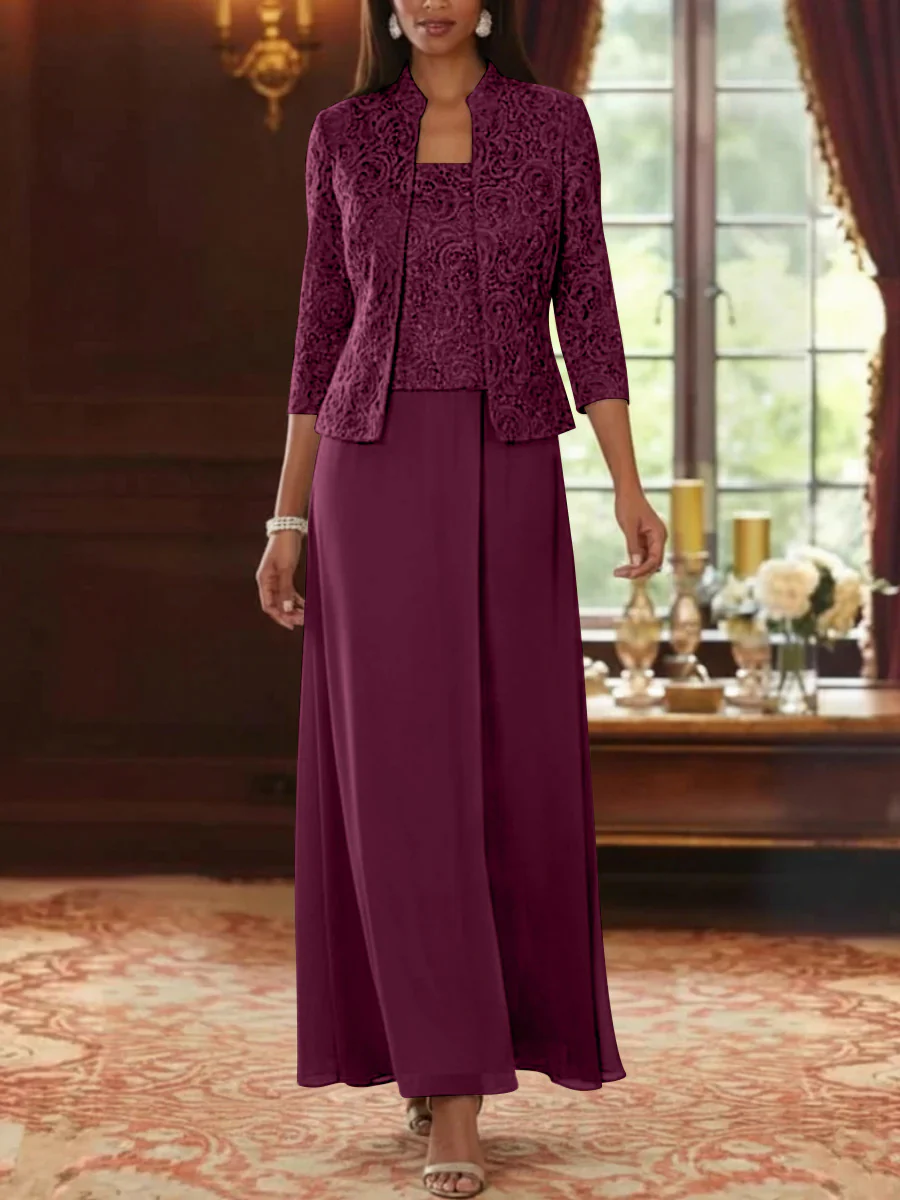 2 Pieces A-Line/Princess Square Collar Chiffon Mother of the Bride Dresses with Jacket Lace Ankle-Length 3/4 Sleeves - Image 38