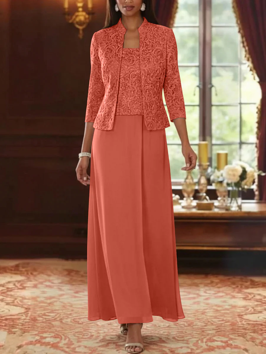 2 Pieces A-Line/Princess Square Collar Chiffon Mother of the Bride Dresses with Jacket Lace Ankle-Length 3/4 Sleeves - Image 39
