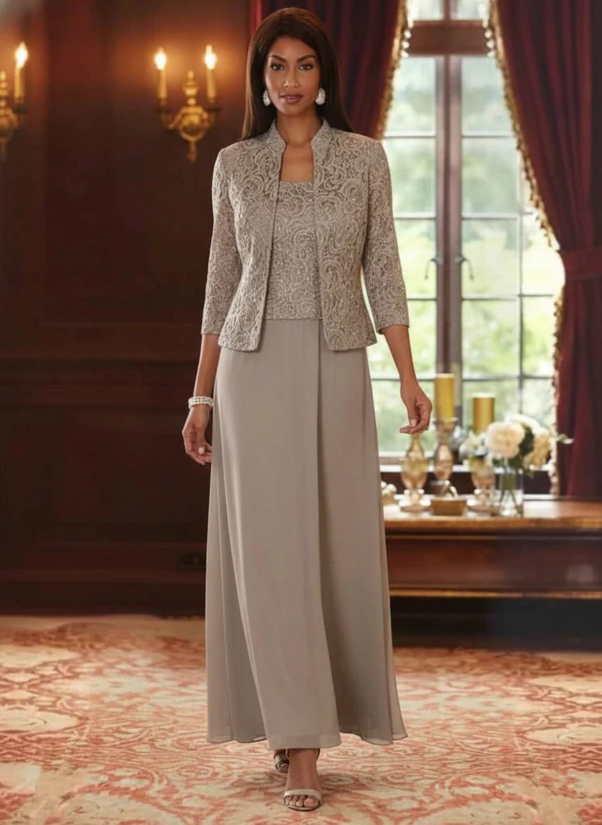 2 Pieces A-Line/Princess Square Collar Chiffon Mother of the Bride Dresses with Jacket Lace Ankle-Length 3/4 Sleeves - Image 4