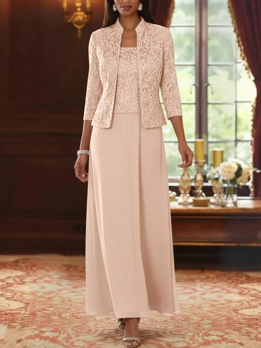 2 Pieces A-Line/Princess Square Collar Chiffon Mother of the Bride Dresses with Jacket Lace Ankle-Length 3/4 Sleeves - Image 40