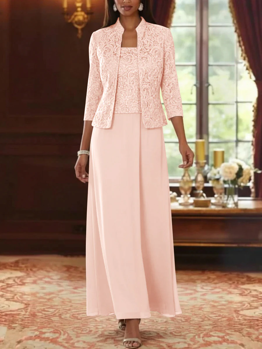 2 Pieces A-Line/Princess Square Collar Chiffon Mother of the Bride Dresses with Jacket Lace Ankle-Length 3/4 Sleeves - Image 41
