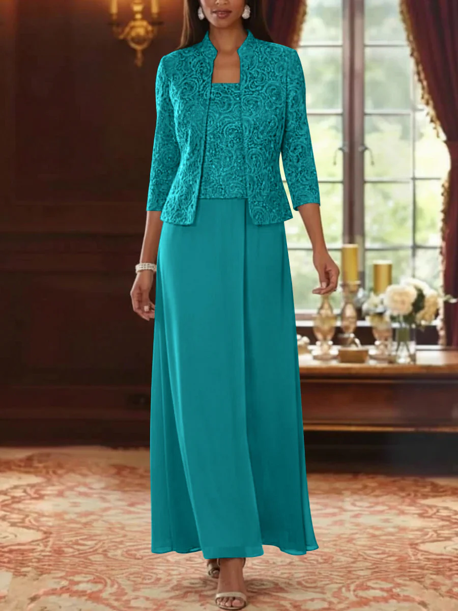 2 Pieces A-Line/Princess Square Collar Chiffon Mother of the Bride Dresses with Jacket Lace Ankle-Length 3/4 Sleeves - Image 42