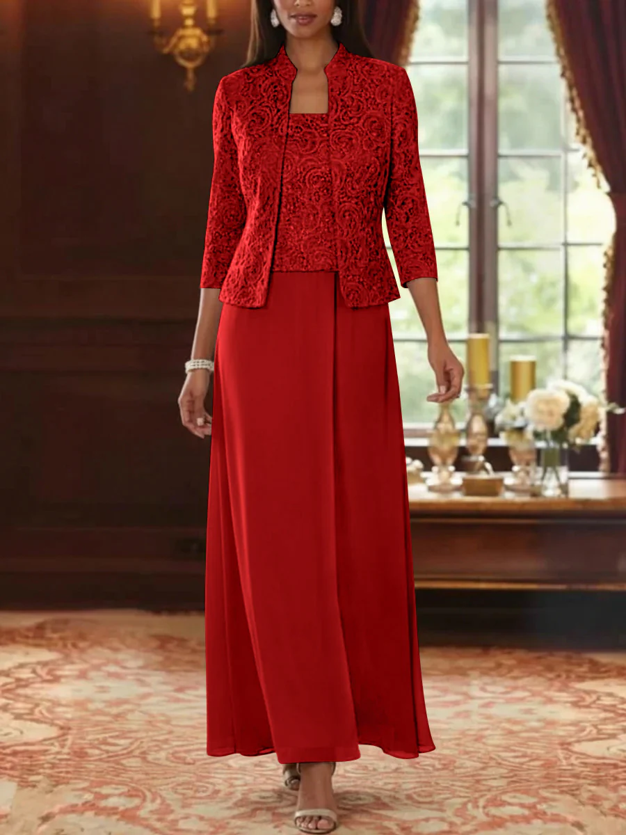 2 Pieces A-Line/Princess Square Collar Chiffon Mother of the Bride Dresses with Jacket Lace Ankle-Length 3/4 Sleeves - Image 43