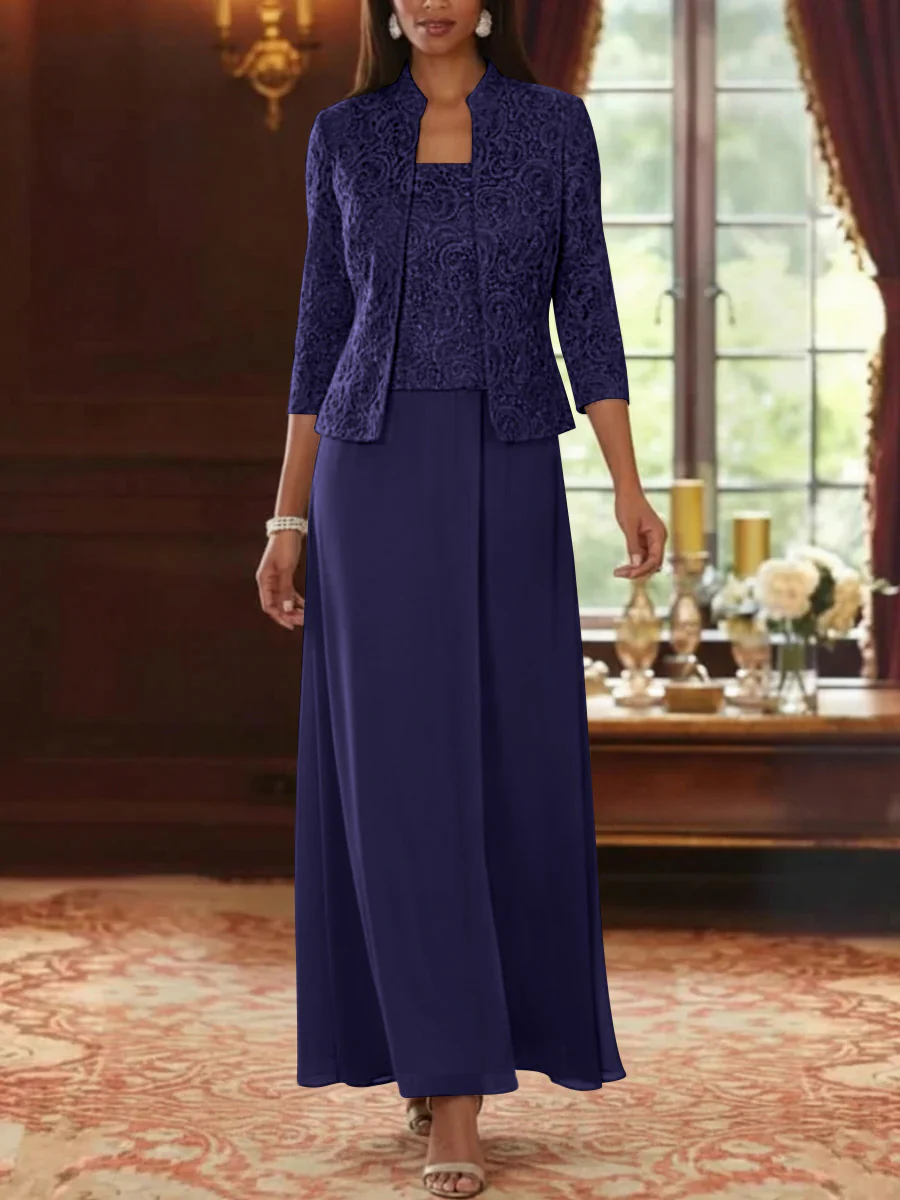 2 Pieces A-Line/Princess Square Collar Chiffon Mother of the Bride Dresses with Jacket Lace Ankle-Length 3/4 Sleeves - Image 44