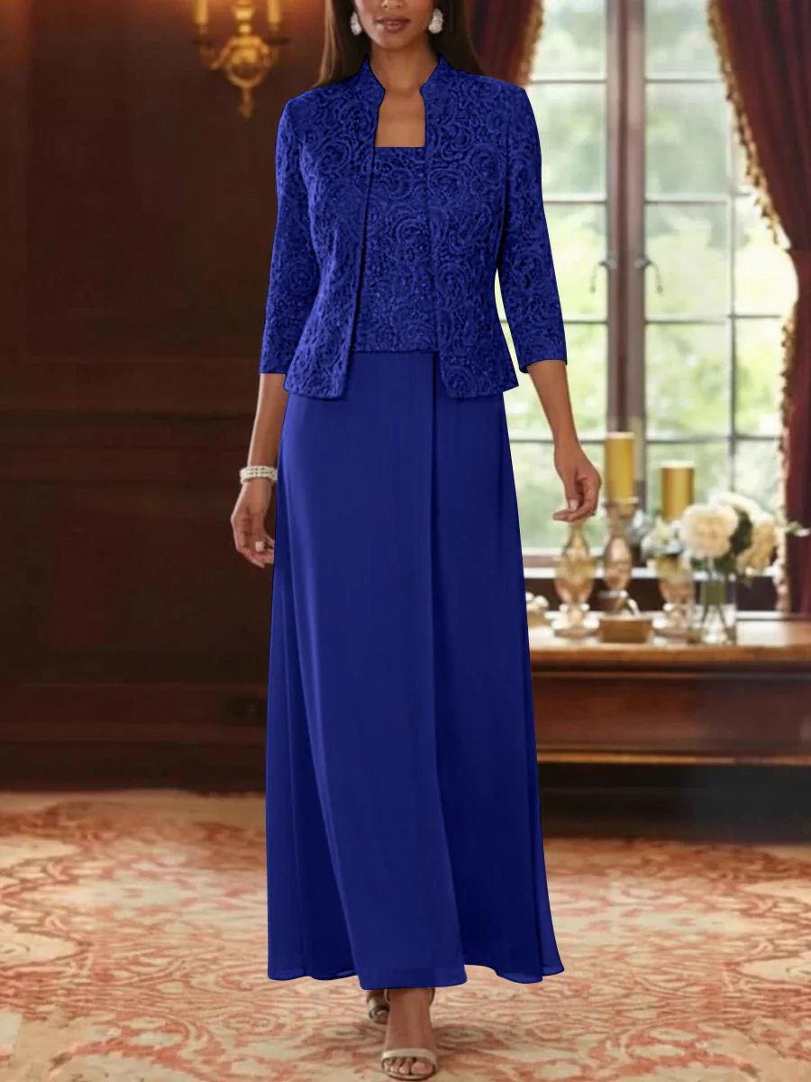 2 Pieces A-Line/Princess Square Collar Chiffon Mother of the Bride Dresses with Jacket Lace Ankle-Length 3/4 Sleeves - Image 45