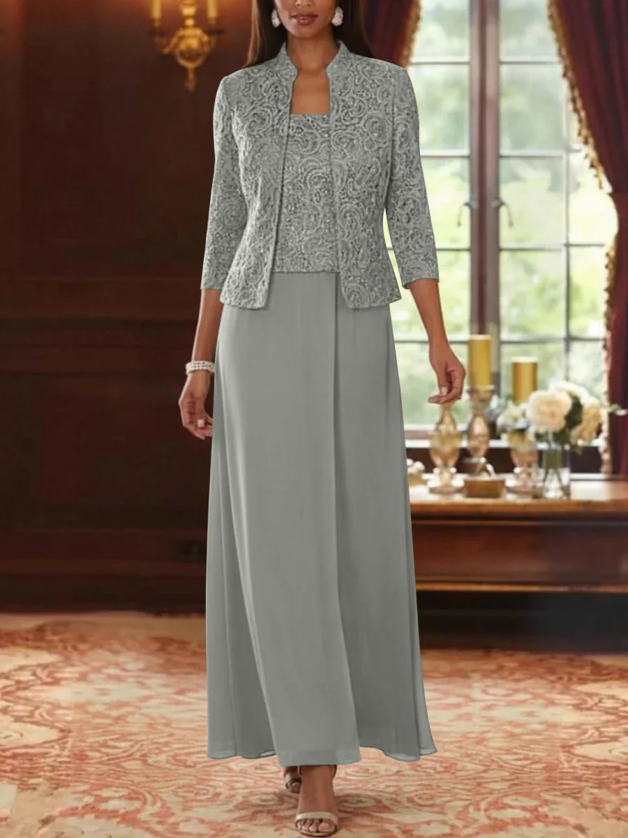 2 Pieces A-Line/Princess Square Collar Chiffon Mother of the Bride Dresses with Jacket Lace Ankle-Length 3/4 Sleeves - Image 46