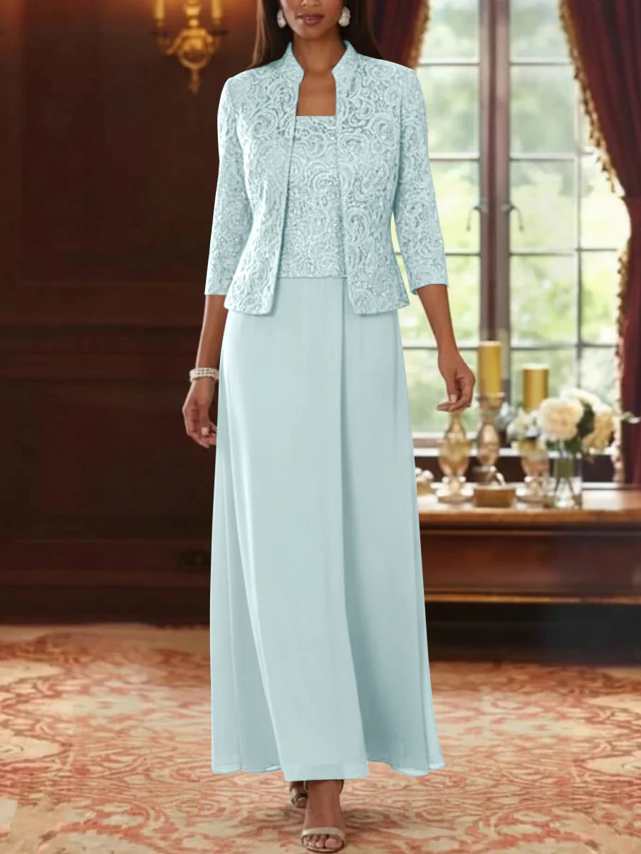 2 Pieces A-Line/Princess Square Collar Chiffon Mother of the Bride Dresses with Jacket Lace Ankle-Length 3/4 Sleeves - Image 47