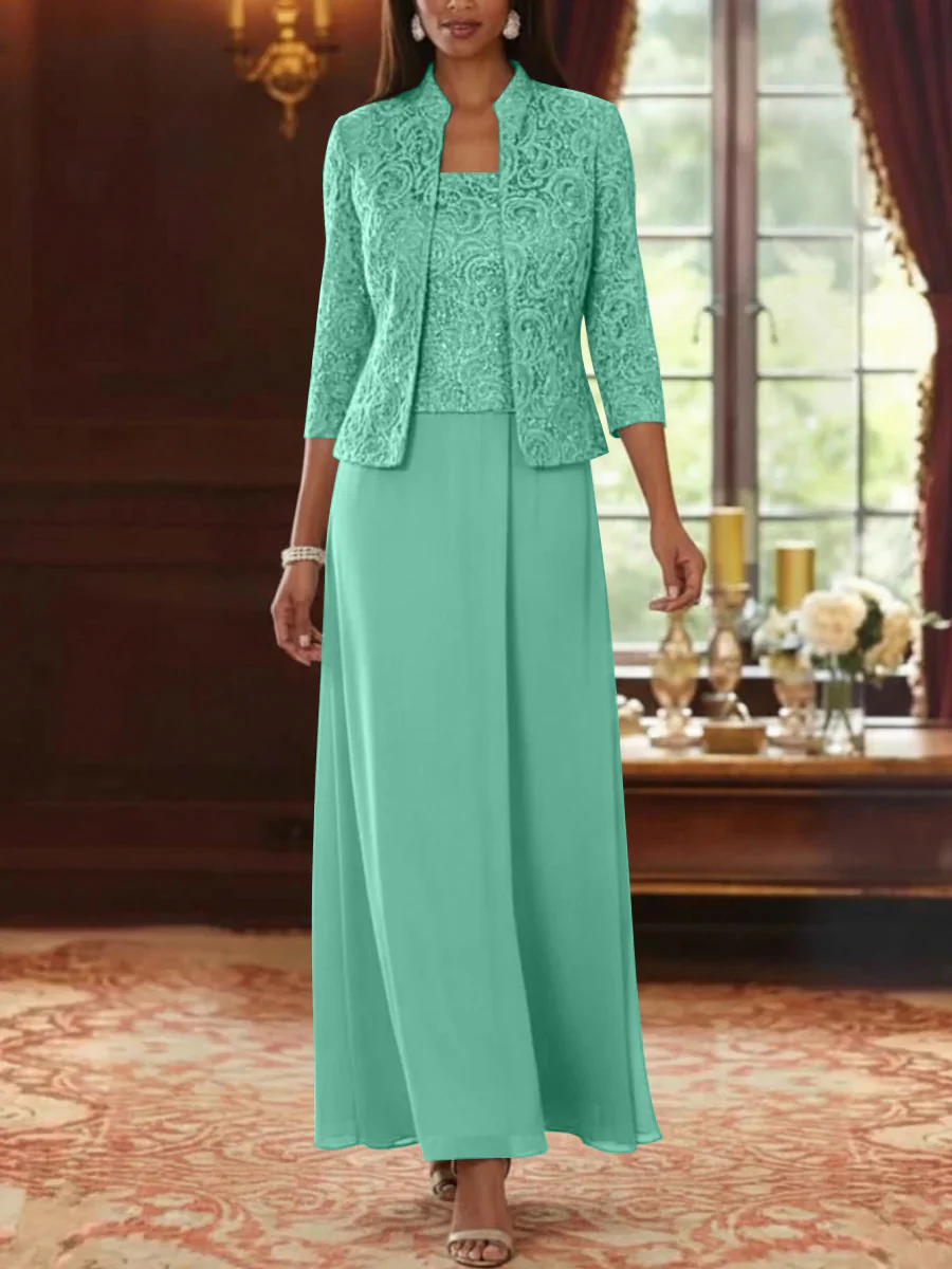 2 Pieces A-Line/Princess Square Collar Chiffon Mother of the Bride Dresses with Jacket Lace Ankle-Length 3/4 Sleeves - Image 48