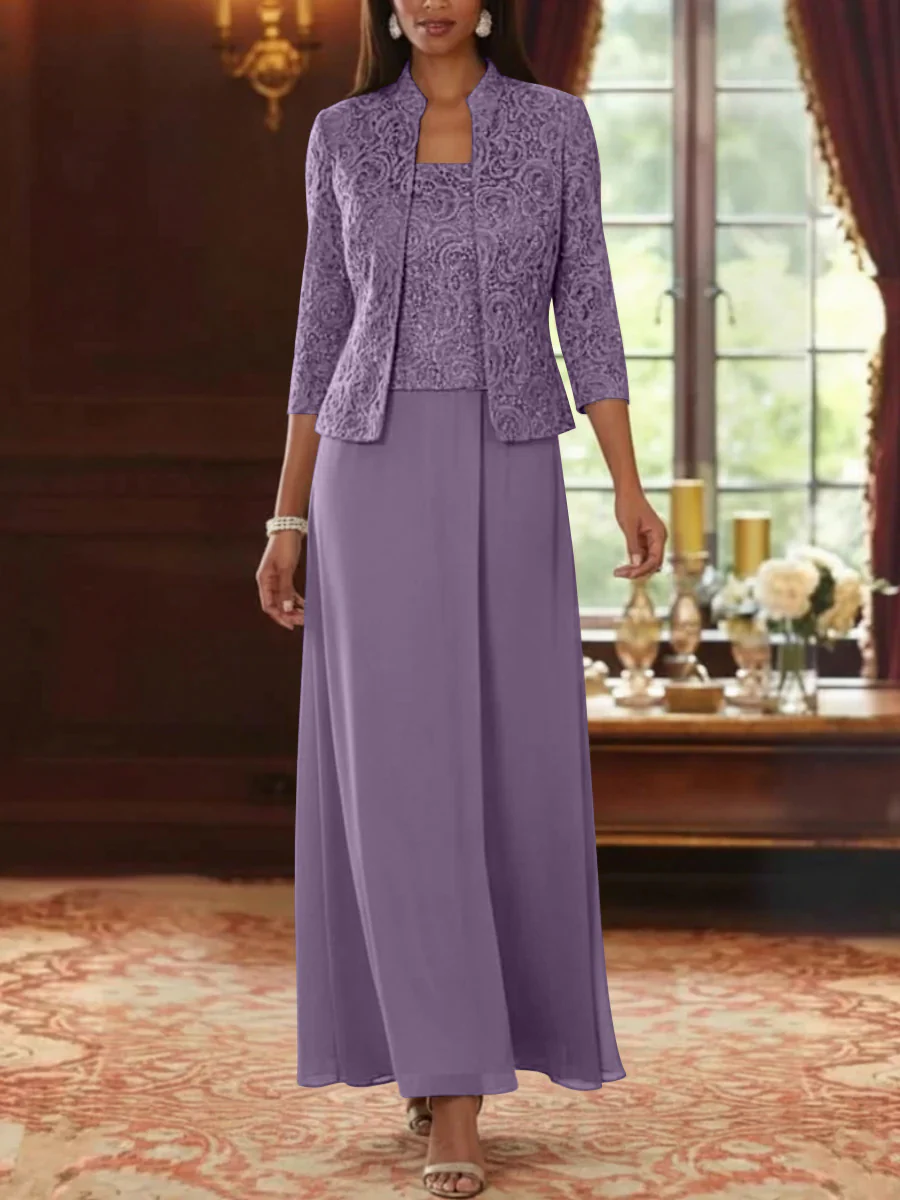 2 Pieces A-Line/Princess Square Collar Chiffon Mother of the Bride Dresses with Jacket Lace Ankle-Length 3/4 Sleeves - Image 49