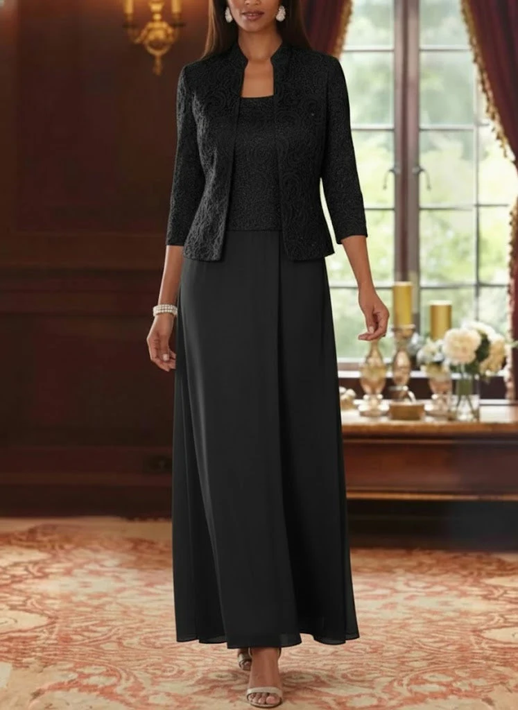 2 Pieces A-Line/Princess Square Collar Chiffon Mother of the Bride Dresses with Jacket Lace Ankle-Length 3/4 Sleeves - Image 5